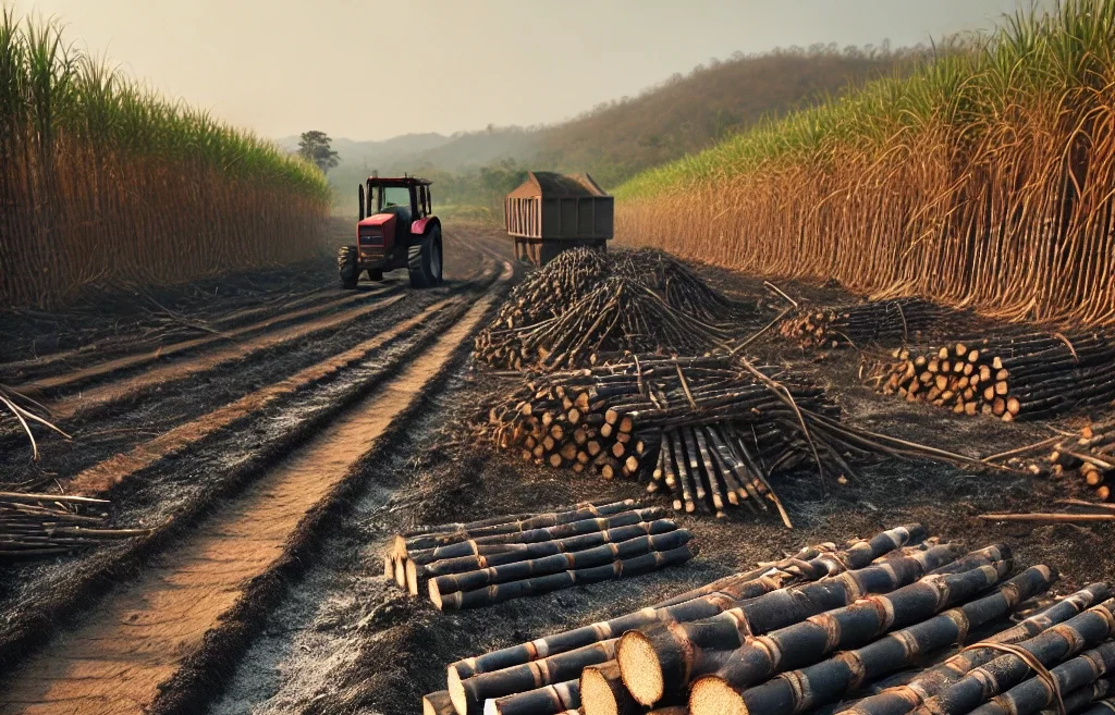 DALL·E 2025 05 13 08.56.29 A sugarcane field after burning ready for transport to the factory. The g